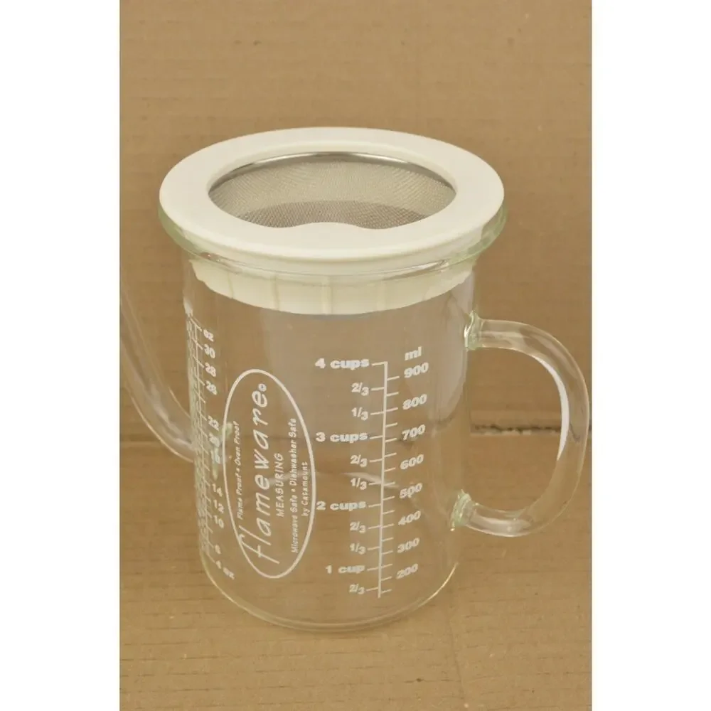 Catamount Flameware Glass Measuring Pitchers 4 Cup Set of 2 w/ Strainer